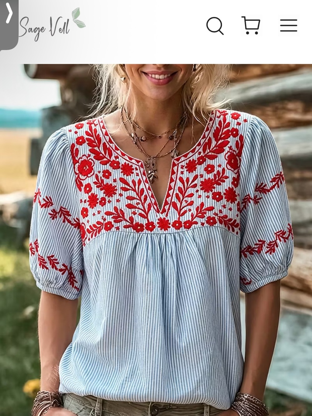 NWOT Sage Vell blue striped v neck boho top with embroidery.